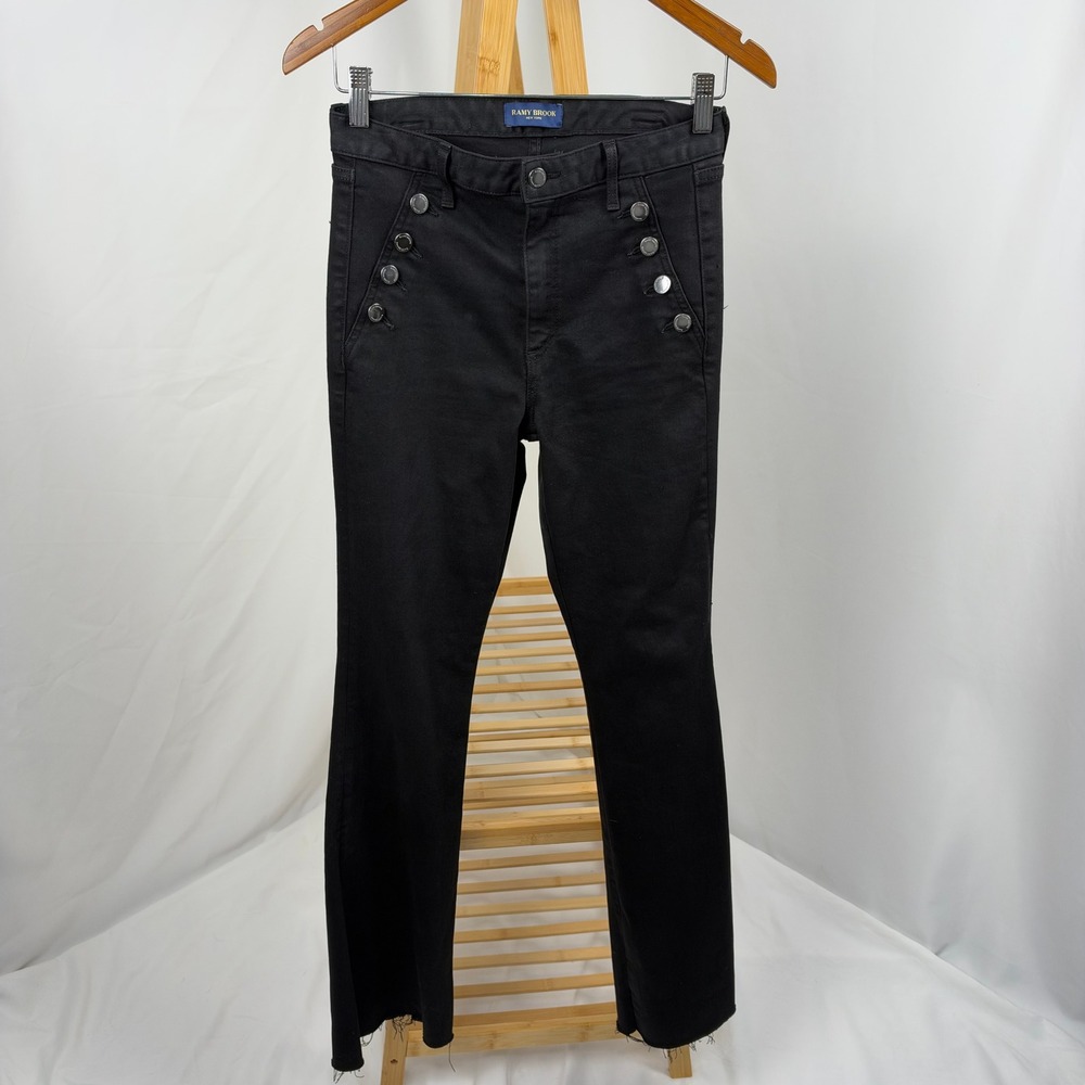 Ramy Brook Black Sailor Flare Raw Hem Button Front High Rise Jeans Women 27